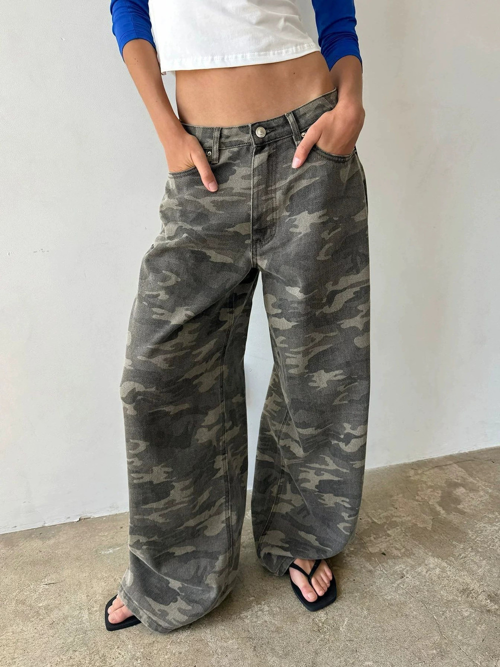 ZARA Womens Vintage Casual Low Rise Camo Loose Wide Leg Straight Jeans